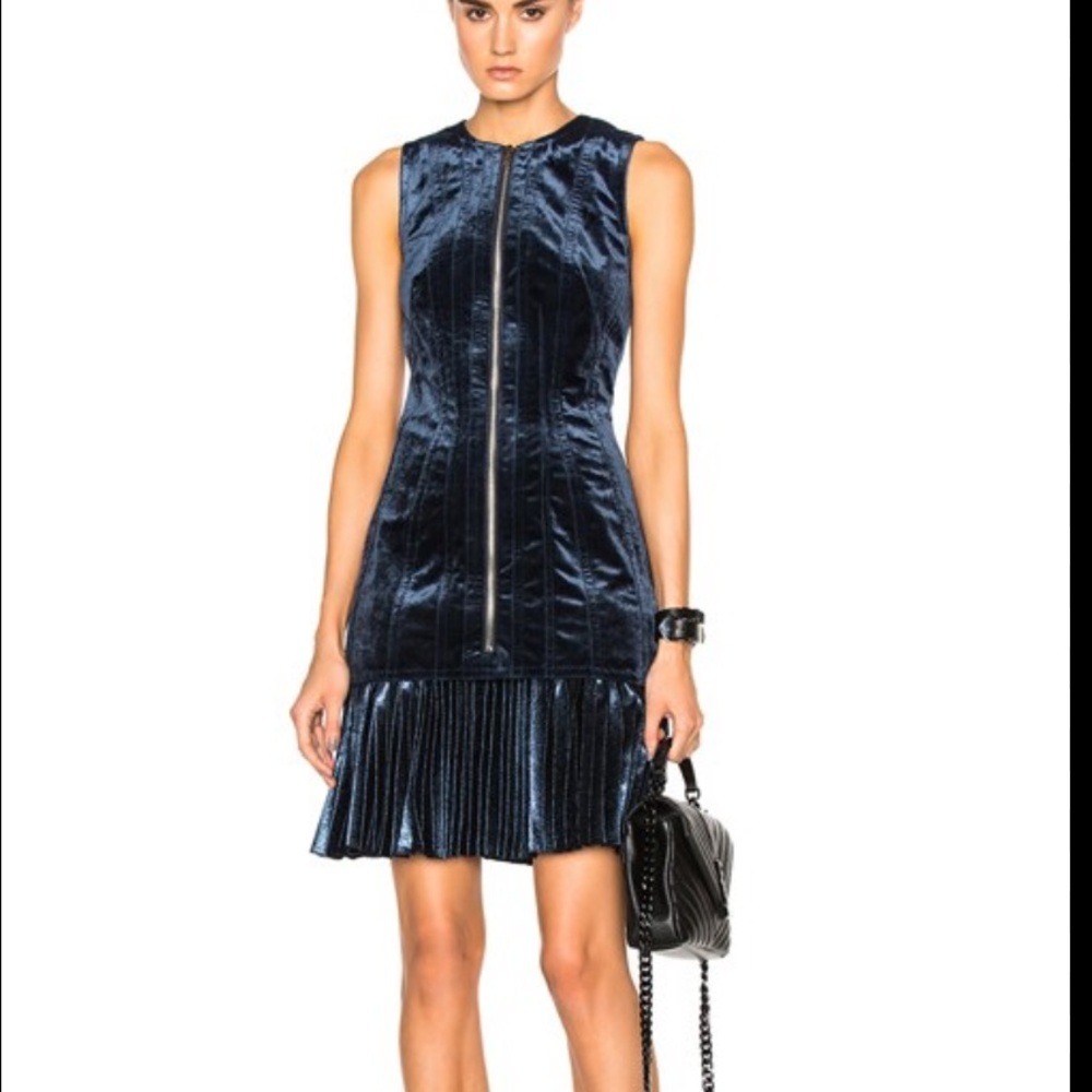 Derek Lam $995 Silk Velvet Zip-Front Navy Dress with Pleated Hem XS